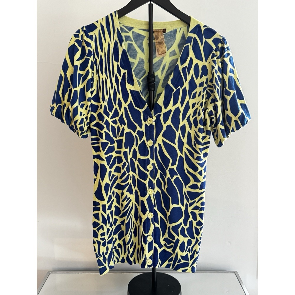 Twelve Layers‎ Sz L Puff Sleeve Blue Lime Abstract Animal Print Artsy Vacation